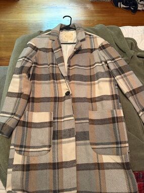 Altar’d State Plaid Single-Button Long Coat in Beige & Gray
